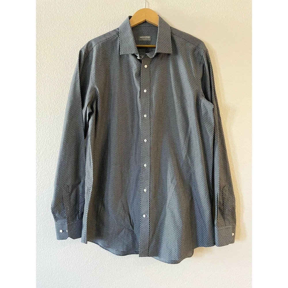 Indochino Men's Button Front Shirt Geometric Diamond Long Sleeve Gray Blk Size L